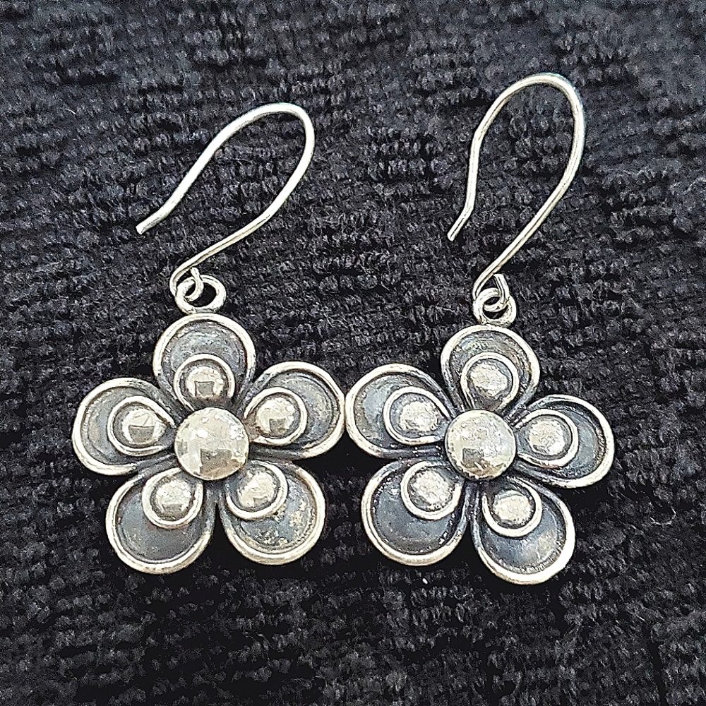 Vtg 950 Sterling Silver Dangle Flower Earrings